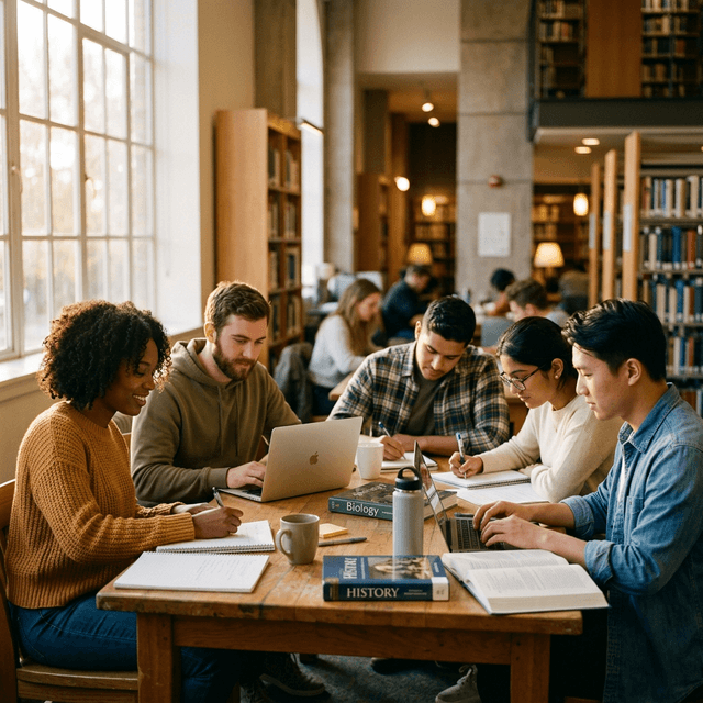 Estudantes reunidos em volta de uma mesa, estudando juntos
